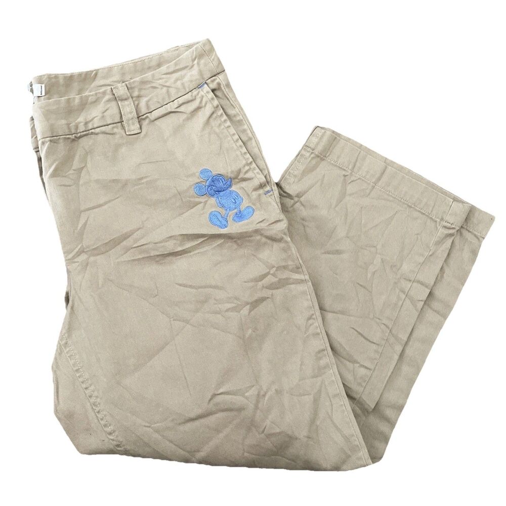 Disney Parks Embroidered Mickey Mouse Khaki Capri Pants Size 8 - Picture 1 of 10